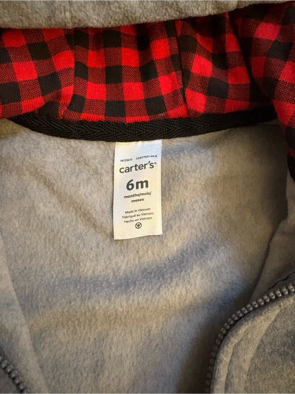 Carter's Gray Zip-up Hoodie with Red Plaid Lining and Tree Patch